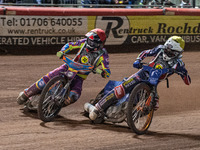 
Rory Schlein (Red) outside Lewis Kerr (Yellow) during the Peter Craven Memorial Trophy at the National Speedway Stadium, Manchester on Thur...