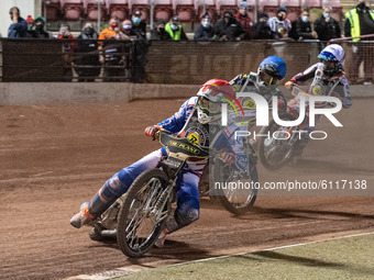 
Jason Crump (Red) leads Troy Batchelor (Blue) and Jordan Palin (White) during the Peter Craven Memorial Trophy at the National Speedway Sta...