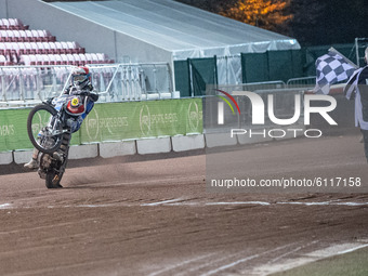 
Jason Doyle wheelies over the finish line to win the final during the Peter Craven Memorial Trophy at the National Speedway Stadium, Manche...