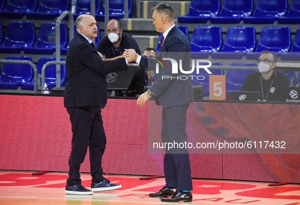 Sarunas Jasikevicius and Pablo Laso at the end of the match between FC Barcelona and Real Madrid, corresponding to the week 5 of the Eurolea...