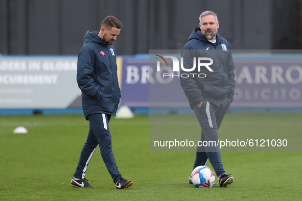 Barrow manager David Dunn returns from a bout of COVID 19 during the Sky Bet League 2 match between Barrow and Walsall at the Holker Street,...