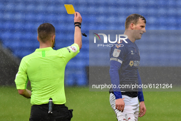 Oldham Athletic's Danny Rowe is booked during the Sky Bet League 2 match between Oldham Athletic and Port Vale at Boundary Park, Oldham on S...