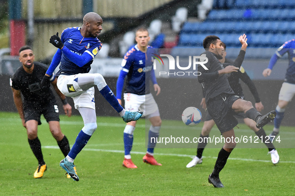 Oldham Athletic's Dylan Bahamboula shoots and leads to his sides first goal during the Sky Bet League 2 match between Oldham Athletic and Po...