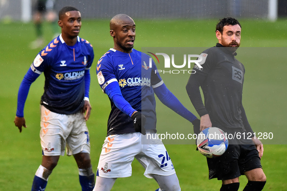 Oldham Athletic's Dylan Bahamboula during the Sky Bet League 2 match between Oldham Athletic and Port Vale at Boundary Park, Oldham on Satur...