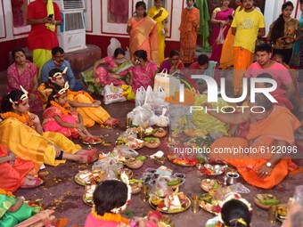 Young girls dress as Living Goddess Kumari participate during the Kumari Puja as part of Navratri - a festival of nine days when devotees wo...