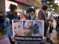 Protesters rally outside the Egyptian embassy to protest the murder of two Palestinian fishermen from Gaza by Egyptian soldiers in Madrid, S...