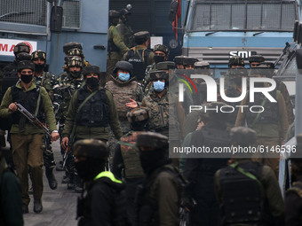 Indian forces are seen near the encounter site in Rangreth area of Srinagar outskirts, India on November 01, 2020. Inspector General of Poli...