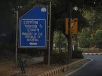 Sign board of Republic of Indonesia Embassy is seen in New Delhi, India on 02 November 2020 (