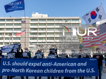 South Korean right-wingers hold a gathering in front of the U.S. Embassy in support of President Donald Trump on November 4, 2020 in Seoul,...