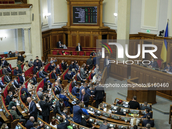 Lawmakers vote after consideration of draft budget during the session of Verkhovna Rada in Kyiv, Ukraine, November 5, 2020. Ukrainian parlia...