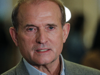 MP Viktor Medvedchuk talks to media as parliament considers the draft state budget during the session of Verkhovna Rada in Kyiv, Ukraine, No...