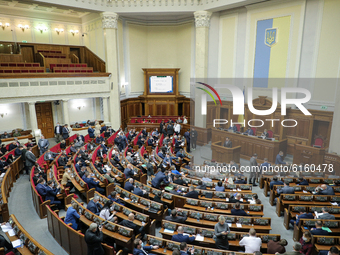 Lawmakers vote after consideration of draft budget during the session of Verkhovna Rada in Kyiv, Ukraine, November 5, 2020. Ukrainian parlia...