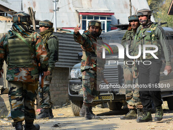 Indian army soldiers near the site of gun-battle in Meej area of Pampore in south Kashmir on November 06, 2020. Two militants and a civilian...