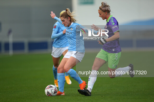  Citys Laura Coombs battles with Brightons Jasmine Mathews  during the Barclays FA Women's Super League match between Manchester City and Br...