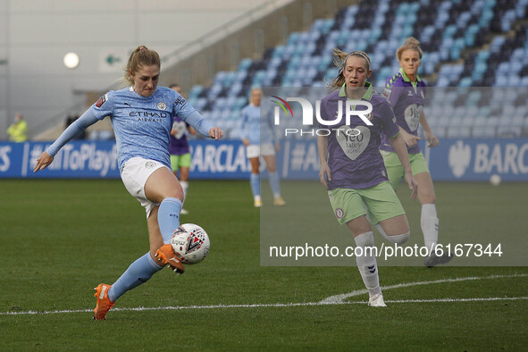  Citys Laura Coombs shoots and scores to make it 2-1 during the Barclays FA Women's Super League match between Manchester City and Bristol C...