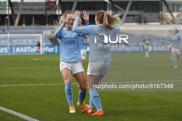 Citys Laura Coombs celebrates making it 2-1    during the Barclays FA Women's Super League match between Manchester City and Bristol City at...