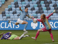  Citys Lucy Bronze shoots and scores to make it 4-1  during the Barclays FA Women's Super League match between Manchester City and Bristol C...