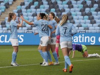  Citys Lucy Bronze celebrates making it 4-1   during the Barclays FA Women's Super League match between Manchester City and Bristol City at...