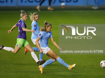  Manchester Citys Janine Beckie has a shot in the second half  during the Barclays FA Women's Super League match between Manchester City and...