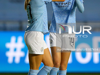 Citys Janine Beckie celebrates making it 7-1   during the Barclays FA Women's Super League match between Manchester City and Bristol City at...