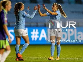  Citys Janine Beckie celebrates making it 7-1  during the Barclays FA Women's Super League match between Manchester City and Bristol City at...
