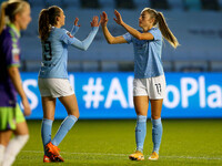  Citys Janine Beckie celebrates making it 7-1  during the Barclays FA Women's Super League match between Manchester City and Bristol City at...