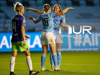   Citys Janine Beckie celebrates making it 7-1 during the Barclays FA Women's Super League match between Manchester City and Bristol City at...