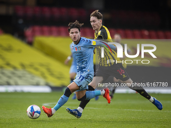 James Garner of Watford and Callum O'Hare of Coventry City during the Sky Bet Championship match between Watford and Coventry City at Vicara...