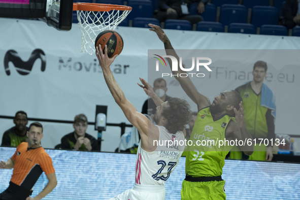 Sergio Llull   of Real Madrid during the ACB Endesa League basketball game that pitted Real Madrid against Urbas Fuenlabrada at the WiZink C...