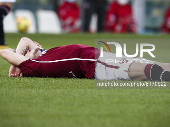 Torino forward Andrea Belotti (9) lies on the ground injured during the Serie A football match n.7 TORINO - CROTONE on November 08, 2020 at...