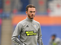 
James Maddison of Leicester City warms up ahead of kick-off during the Premier League match between Leicester City and Wolverhampton Wander...