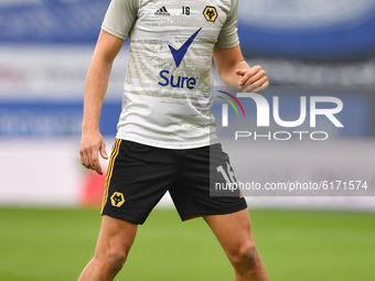 
Conor Coady of Wolverhampton Wanderers warms up ahead of kick-off during the Premier League match between Leicester City and Wolverhampton...