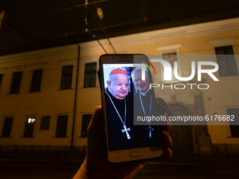 An illustrative photo with portraits of Cardinal Stanislaw Dziwisz (L) and the current Archbishop of Krakow Marek Jedraszewski (R), seen on...