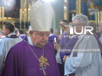 A file pictures of Cardinal Stanislaw Dziwisz during the funeral mass of Cardinal Jaworski in Kalwaria Zebrzydowska, on September 11, 2020....