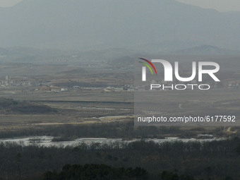 A Scene of demilitarized zone and North Korean gaepung vill, view from Odusan military observation post in Paju, South Korea on Feb 15, 2005...