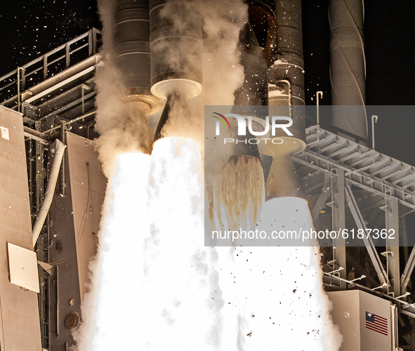 A detail shot of the engines of the Atlas V rocket during liftoff from Launch Pad 41 for its NROL 101 classified Mission 