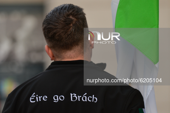 A participant with 'Éire go Brách' (Ireland Forever) on his back seen outside Croke Park in Dublin, during a commemoration event to mark the...
