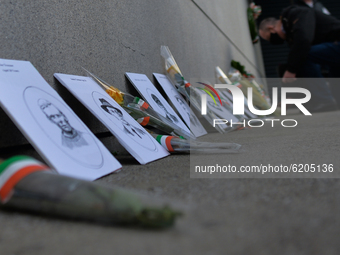Pictures of Bloody Sunday victimes placed outside Croke Park in Dublin during a commemoration event organised by 'The 1916 Societies', to ma...
