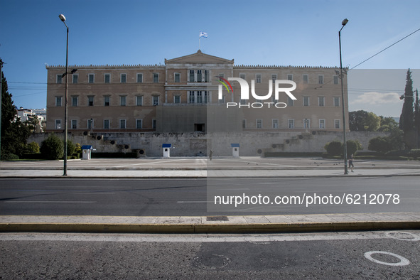 Greek Parliament in Athens, Greece on November 23, 2020 during the second COVID-19 lockdown in Greece.  