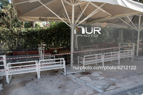A closed cafe in Athens, Greece on November 23, 2020 during the second COVID-19 lockdown in Greece.  