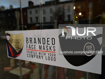 A sticker 'Branded Face Masks' seen on a shop window in Dublin's city centre.
On Monday, November 23, 2020, in Dublin, Ireland. (