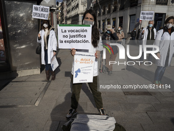 Doctors protest in Puerta del Sol in downtown Madrid, spain, 24 November 2020, during the second day of their indefinite strike to protest a...