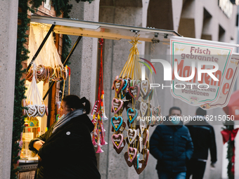 Christmas food stall is seen in the city center of Bonn, Germany, on November 24, 2020.  (