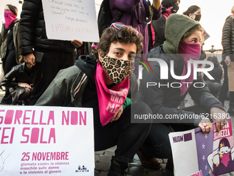Activists of the Italian feminist movement 'Non Una Di Meno' in a protest against violence against women in Montecitorio square in Rome on N...