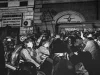 (EDITOR'S NOTE: Image was converted to black and white) Clash between the police and the protesters during the demostration in Roma organize...