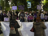 A group of women with banners at the rally in the city of Santander (Spain), on November 25, 2020  for the international day for the elimina...