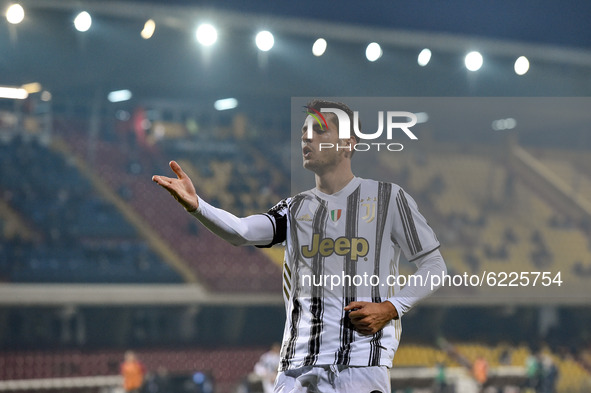 Alvaro Morata of Juventus FC celebrates after scoring first goal during the Serie A match between Benevento Calcio and Juventus FC at Stadio...