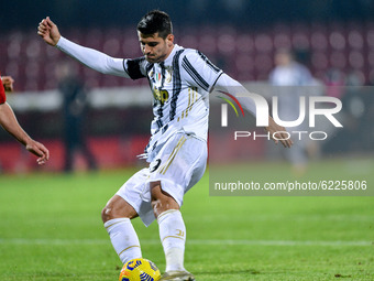 Alvaro Morata of Juventus FC scores first goal during the Serie A match between Benevento Calcio and Juventus FC at Stadio Ciro Vigorito, Be...