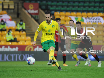 Norwichs Mario Vrancic Scores Penalty during the Sky Bet Championship match between Norwich City and Coventry City at Carrow Road, Norwich o...