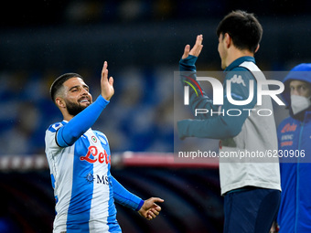 Lorenzo Insigne of SSC Napoli celebrates scoring first goal with Eljif Elmas during the Serie A match between SSC Napoli and AS Roma at Stad...